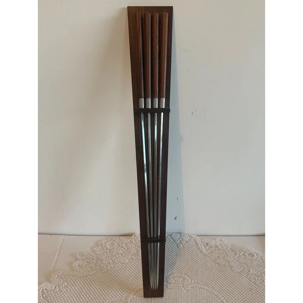VTG MCM kabobs Set with Wall Mount Wood Rack 4 Piece Stainless Steel Japan retro